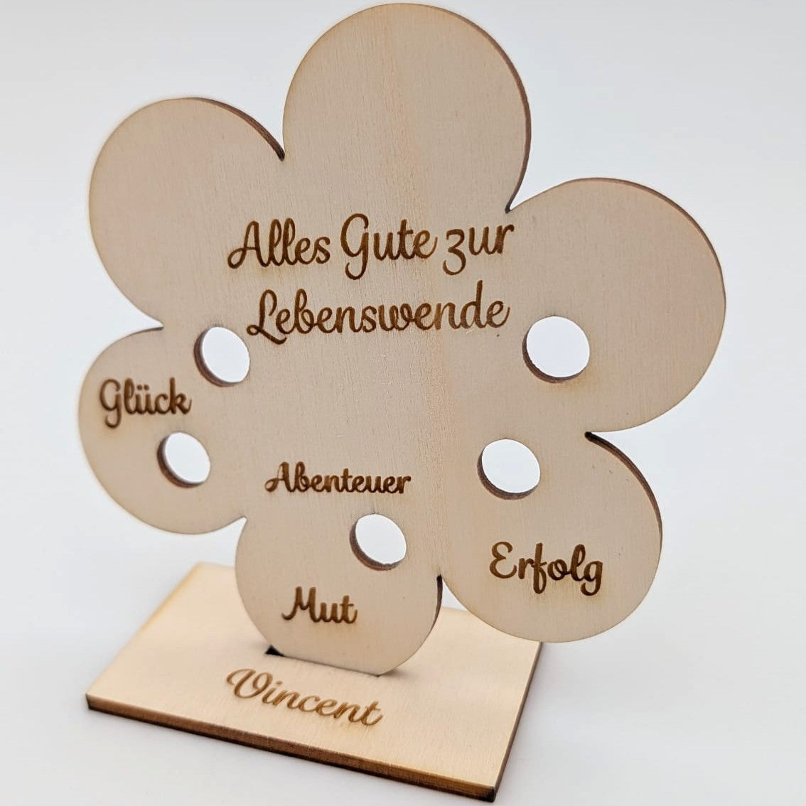 Geschenk Lebenswende personalisiert Geldgeschenk Blume Holz