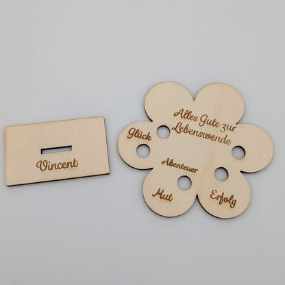 Geschenk Lebenswende personalisiert Geldgeschenk Blume Holz