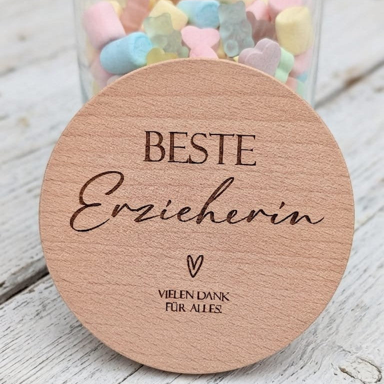 Beste Erzieherin Geschenk personalisiert Vorratsglas mit Holzdeckel graviert | Abschiedsgeschenk