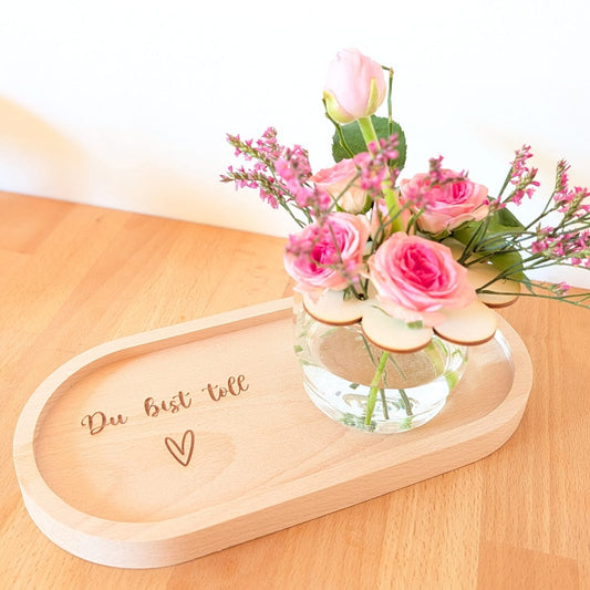 ovales Buche Holztablett mit Rand und der Gravur Du bist toll und kleines Herz darunter