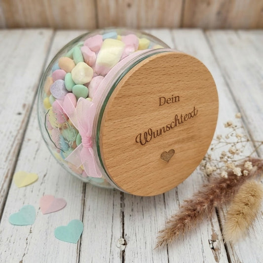 WECK Glas Wunschgravur bauchig personalisiert – Holzdeckel 580ml Buchenholz Geschenk