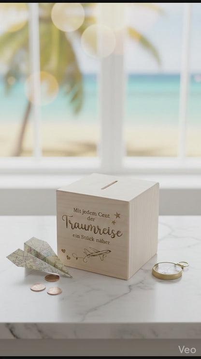 Spardose Traumreise aus Holz mit Gravur