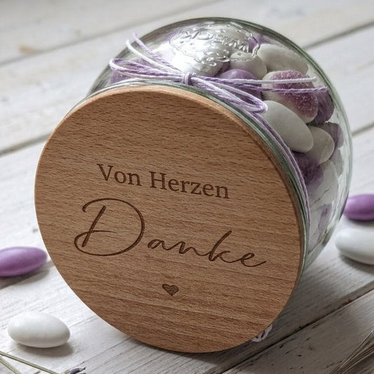 WECK Glas bauchig mit graviertem Holzdeckel Von Herzen Danke – Dankeschön & Abschiedsgeschenk | 580ml & 1062ml