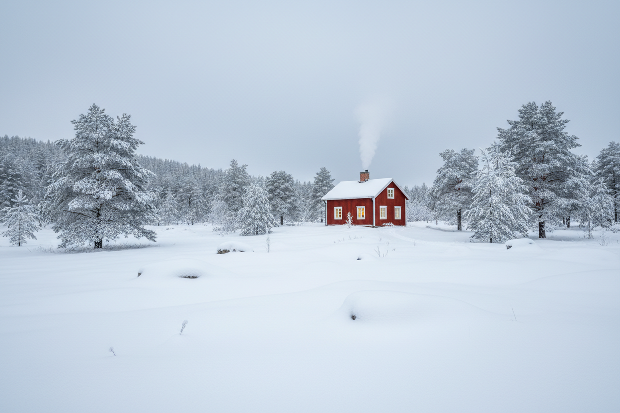 Winterlandschaft mit einem kleinen schwedischen Holzhaus im Hintergrund mit rauchendem Schornstein